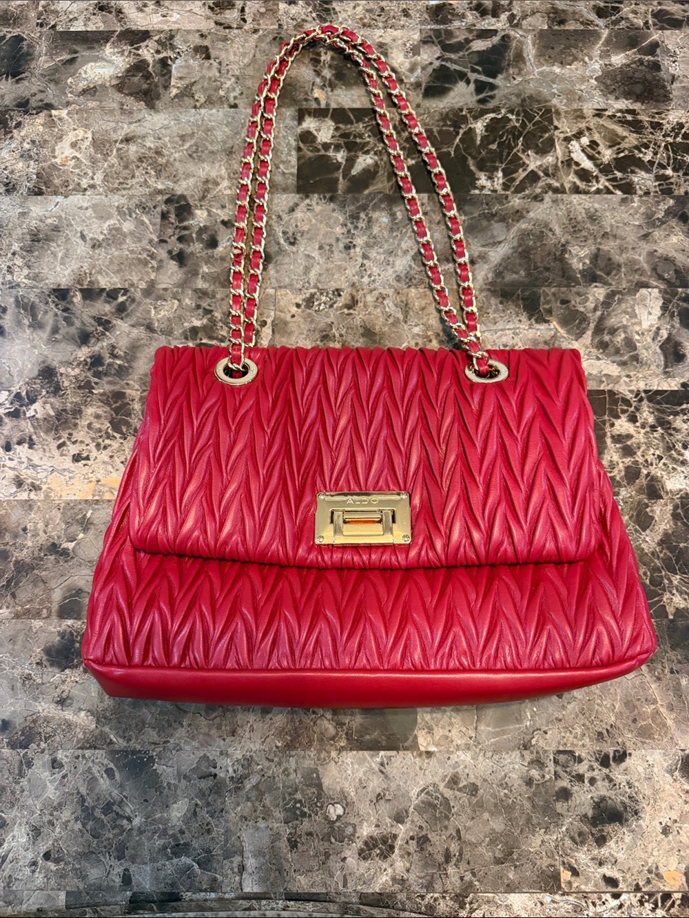 Aldo Quilted Red Shoulder Bag with Gold Chain Strap